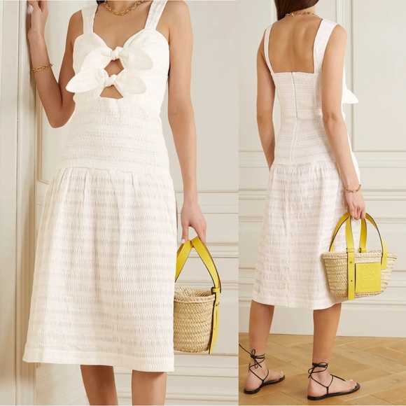 Rebecca Vallance Jame Bow Embellished Cutout Seersucker Mini Dress